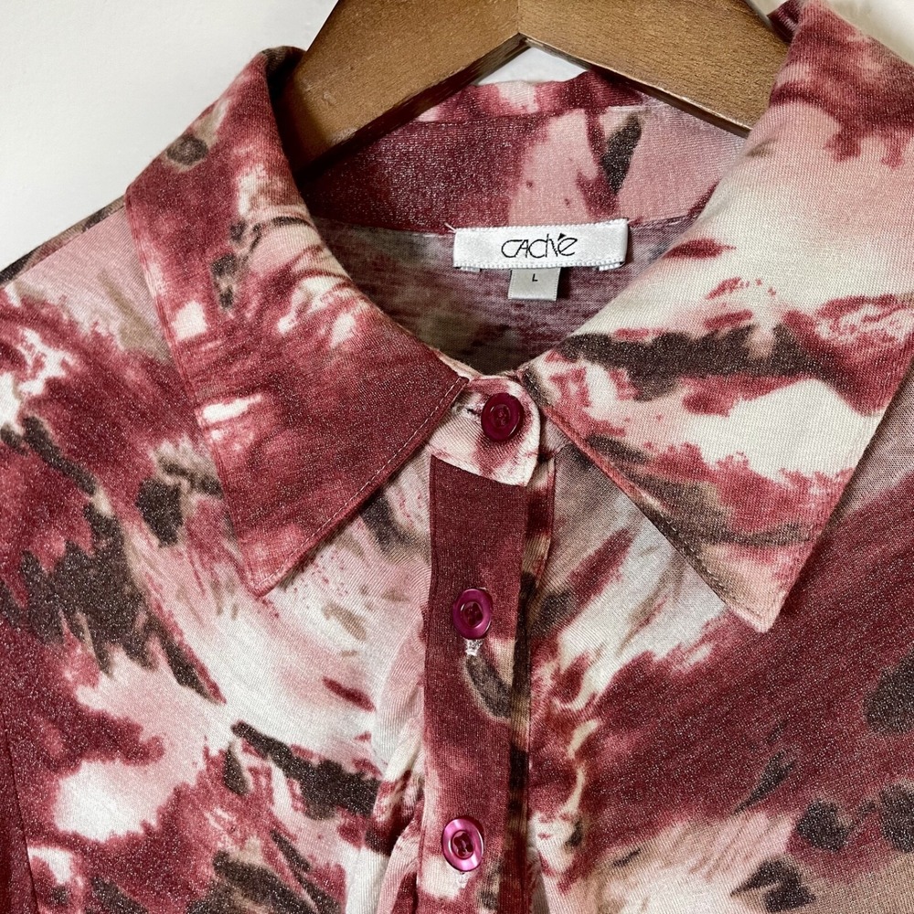 Vintage 90s y2k Cache Size Large Blouse - Red Tie Dye Half Button Luxury - Picture 6 of 11